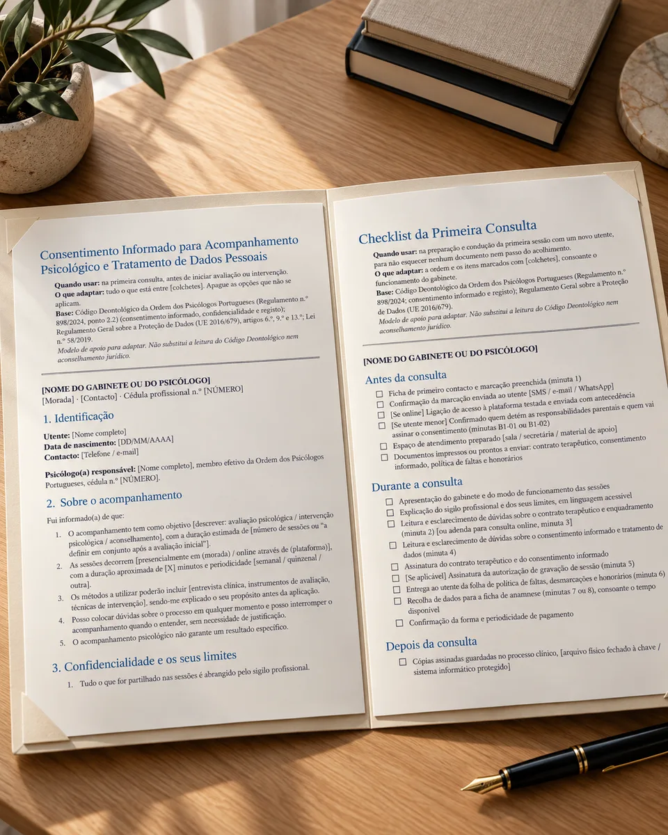 Pasta aberta com o consentimento informado e a checklist da primeira consulta, imagem gerada por IA