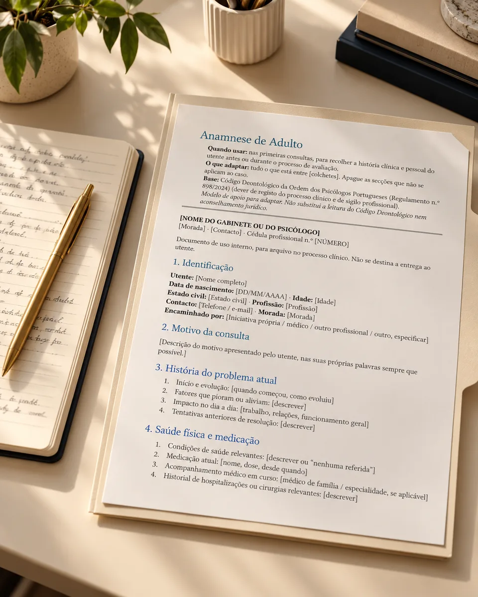 Caderno de notas de sessão ao lado da ficha de anamnese do Dossier Clínico, imagem gerada por IA